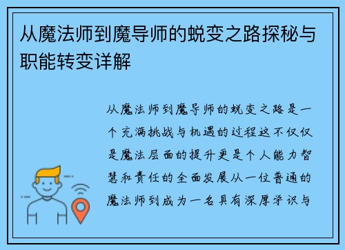 从魔法师到魔导师的蜕变之路探秘与职能转变详解