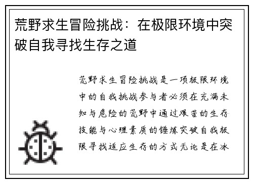 荒野求生冒险挑战：在极限环境中突破自我寻找生存之道